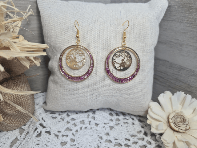 Boucles d'oreilles Dorées attrape rêve avec fée. Légères Et Hypoallergénique