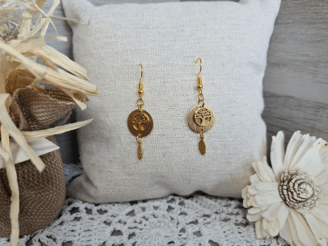Boucles d'oreilles dorées arbre de vie  Légères Et Hypoallergénique