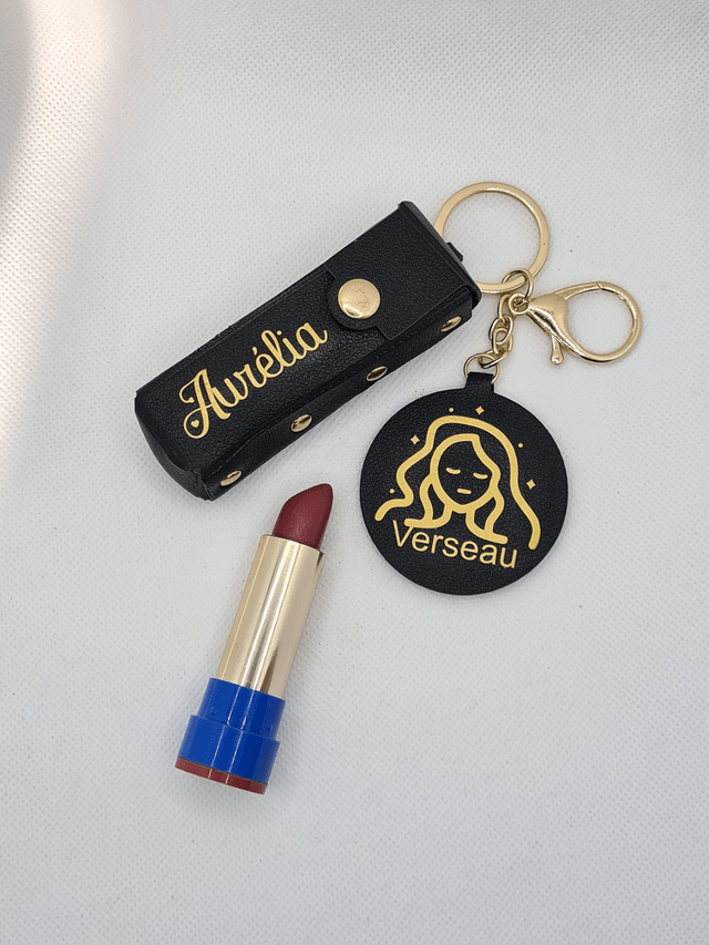 Porte-clef porte rouge à lèvre avec miroir (beige miroir rond)