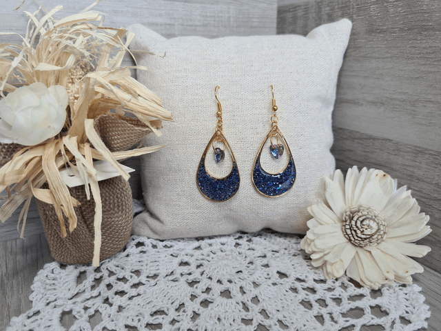 Boucles d'oreilles dorés et bleues ovales Légères Et Hypoallergénique
