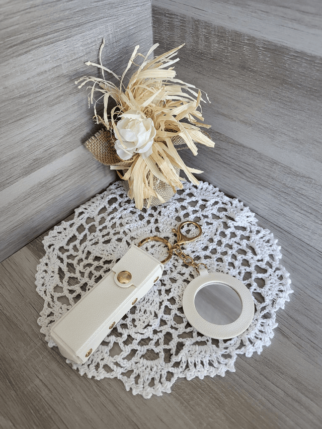 Porte-clef porte rouge à lèvre avec miroir (beige miroir rond)