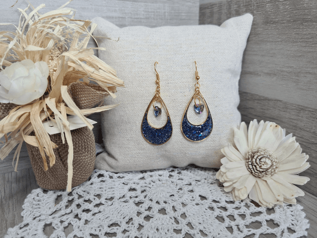 Boucles d&#039;oreilles dorés et bleues ovales Légères Et Hypoallergénique