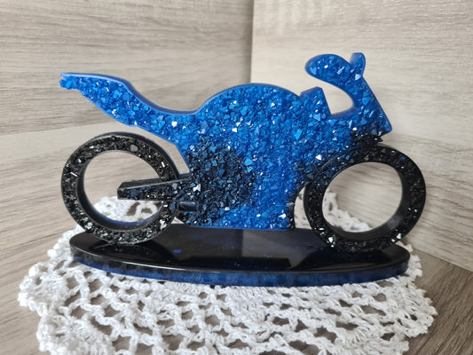 Moto bleue et noir effet diamant sur socle  en résine sur socle